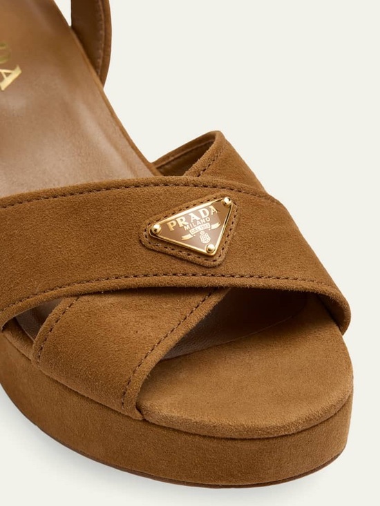 Prada Shoes - Prada Triangle Suede Platform Sandals in Camel Brown NWOB